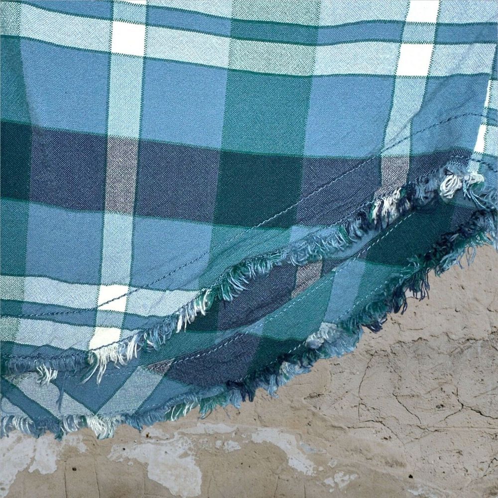 FREE PEOPLE Small Loveland Plaid Button Down Shirt Winter Sea Oversized Fray Hem - Picture 8 of 14